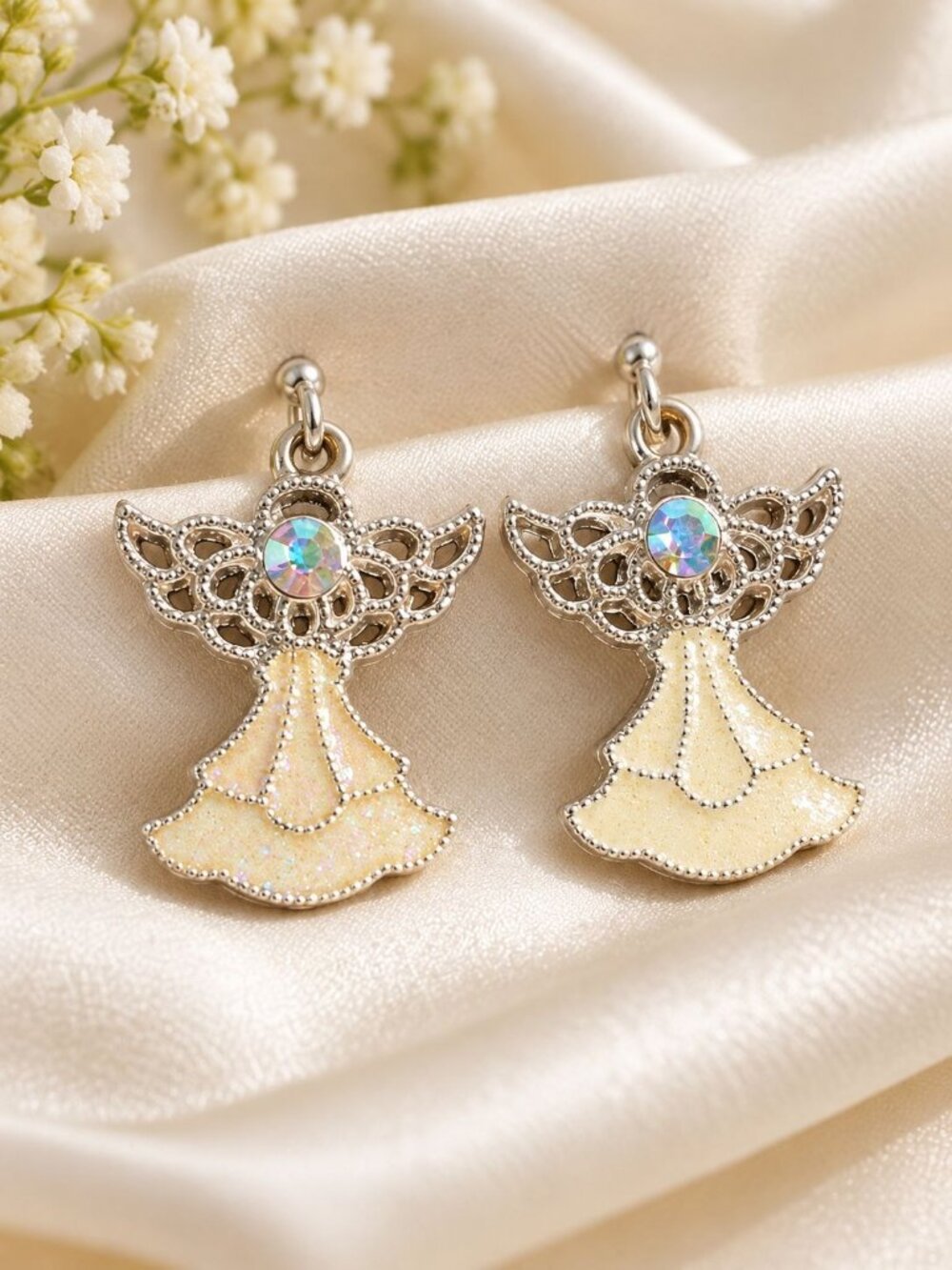 Angel Dangle Earrings Silver Toned Crystal Rhinestone Hook Back Elegant Gift